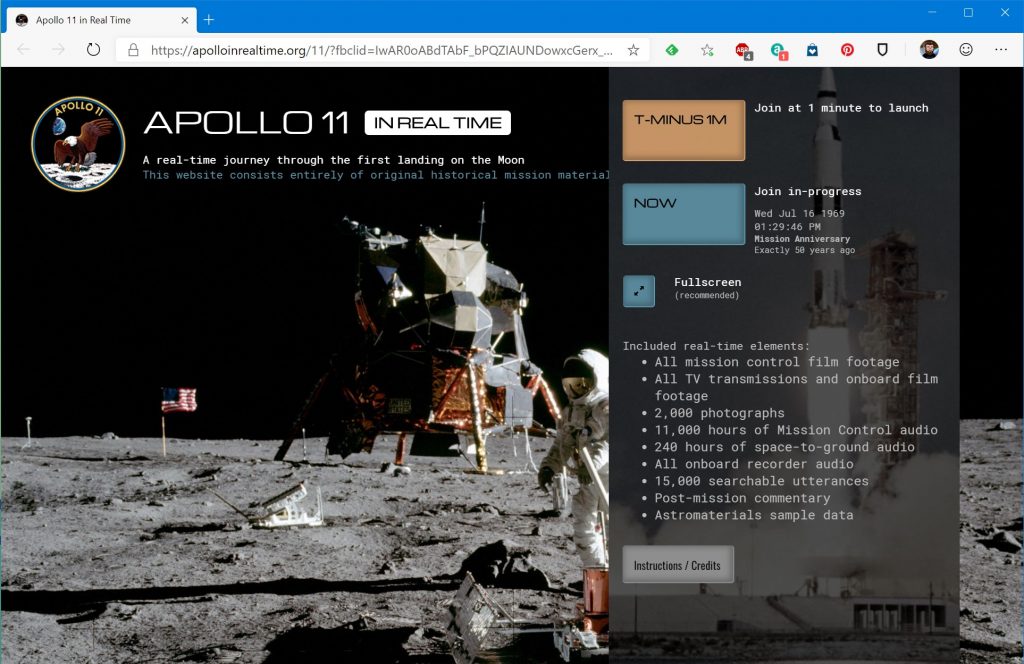 Take a real-time journey through the first landing on the Moon with original historical mission material directly within your web browser.