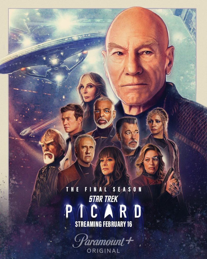 Final post for Star Trek: Picard Season 3 showcasing the cast of characters and hero starship the U.S.S. Titan-A.